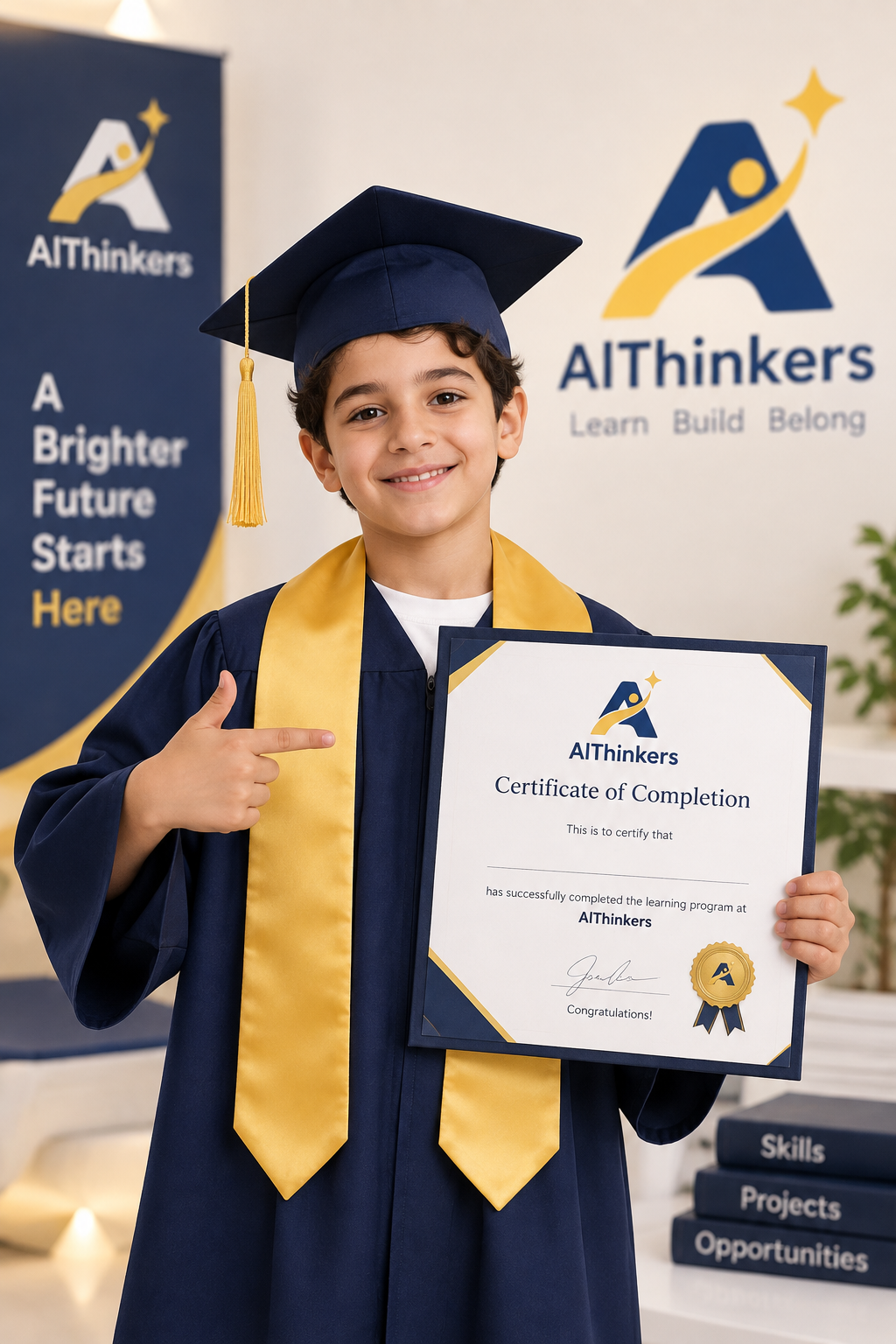 طفل يحمل شهادة إتمام برنامج Althinkers